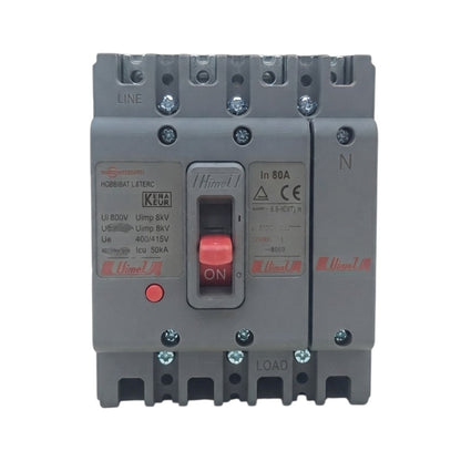 A Hombi electric circuit breaker with a gray plastic housing, featuring a red toggle switch, red brand logos, and terminal markings for Line, N, and Load.