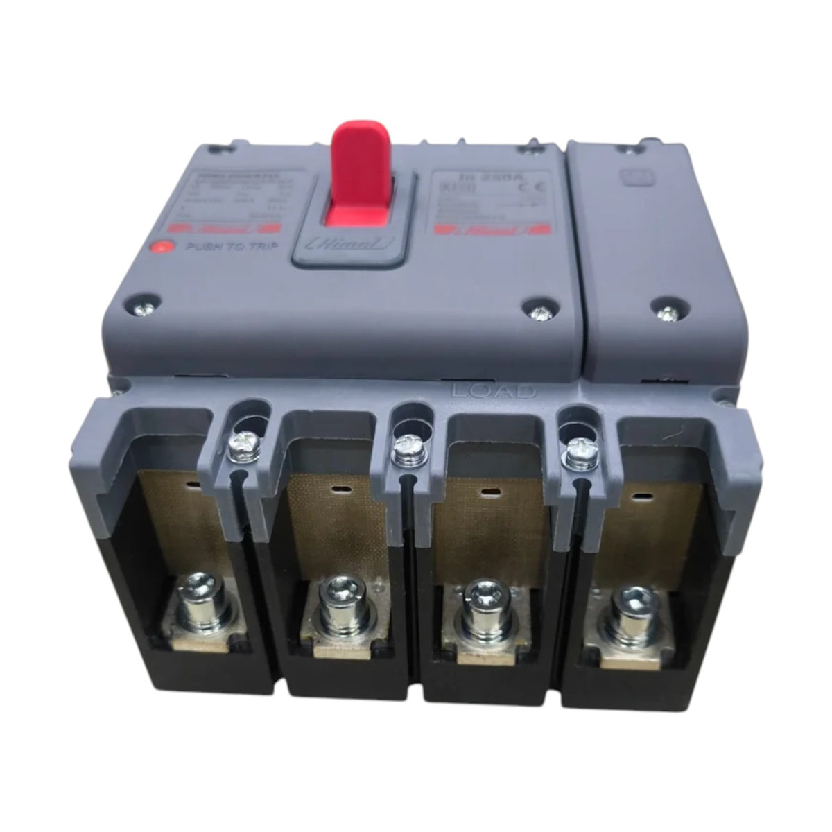 A three-pole circuit breaker with a gray plastic housing, a red handle, and four metal terminal blocks at the bottom, shown on a white background.