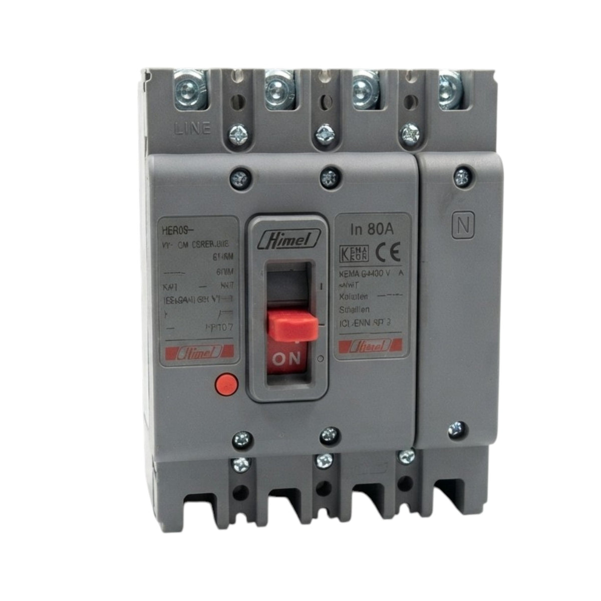 A Himmelt electrical circuit breaker with a gray plastic housing, featuring a red ON switch, terminal connections on top, and technical specifications printed on the front.