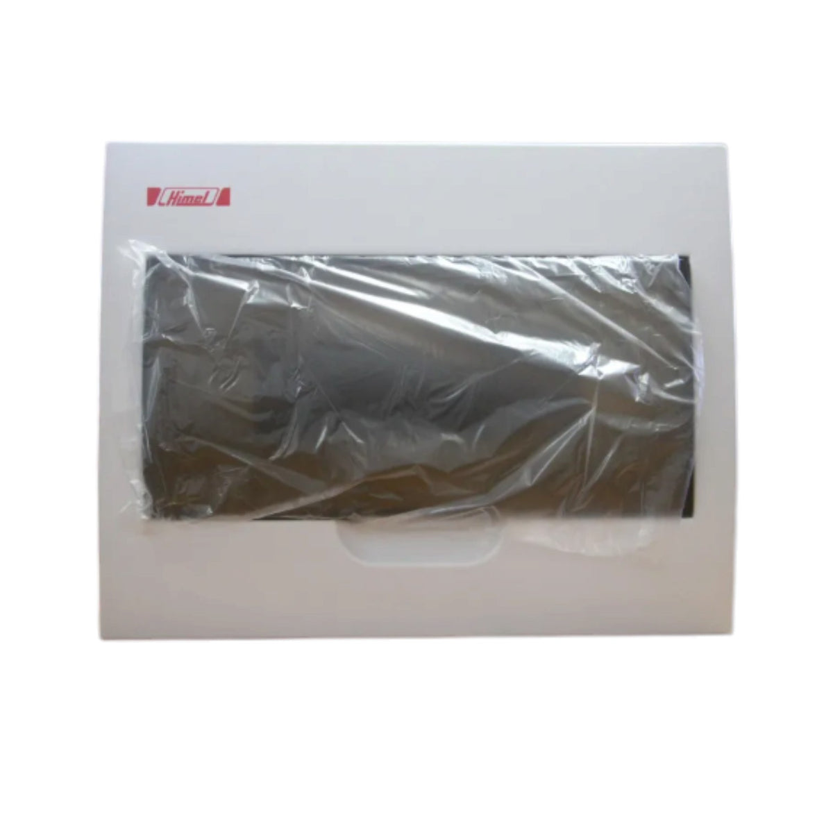 A white rectangular product box with a clear plastic window showing a dark rectangular item inside, on a plain white background. A small red logo is printed near the top left of the box.