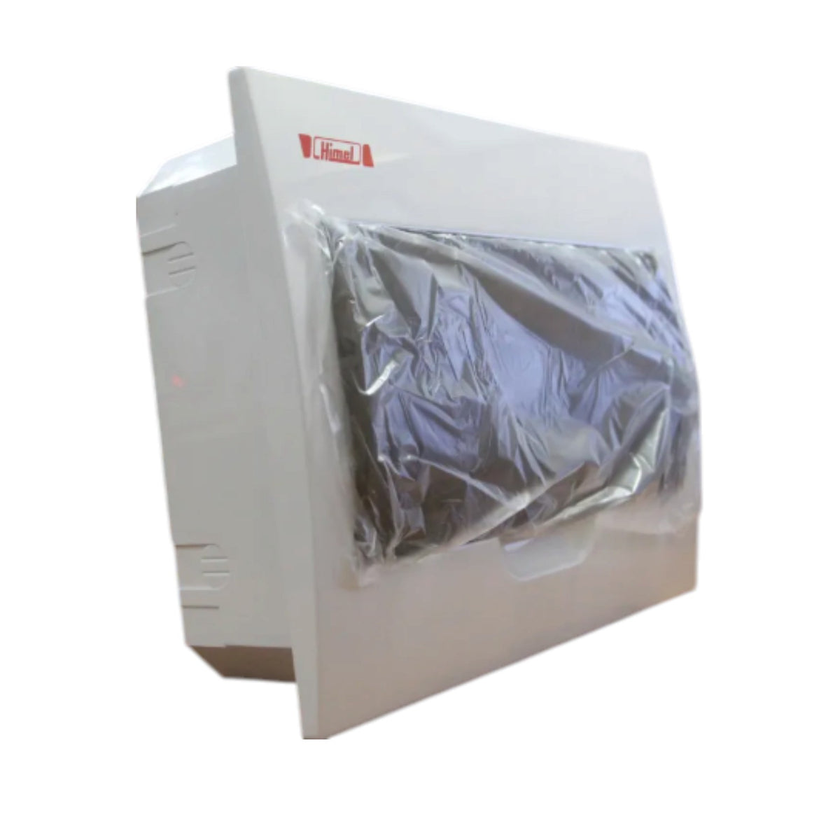 A white electrical distribution box with a clear protective plastic cover over the front panel, shown on a plain white background.