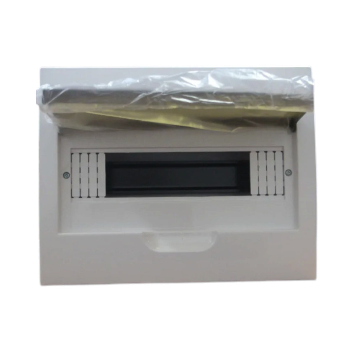A white plastic wall-mounted mailbox cover or mail slot enclosure, shown from the front with a clear plastic protective film still partially covering the top flap.