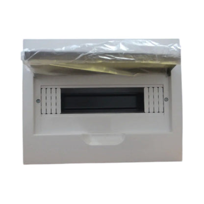 A white plastic wall-mounted mailbox cover or mail slot enclosure, shown from the front with a clear plastic protective film still partially covering the top flap.