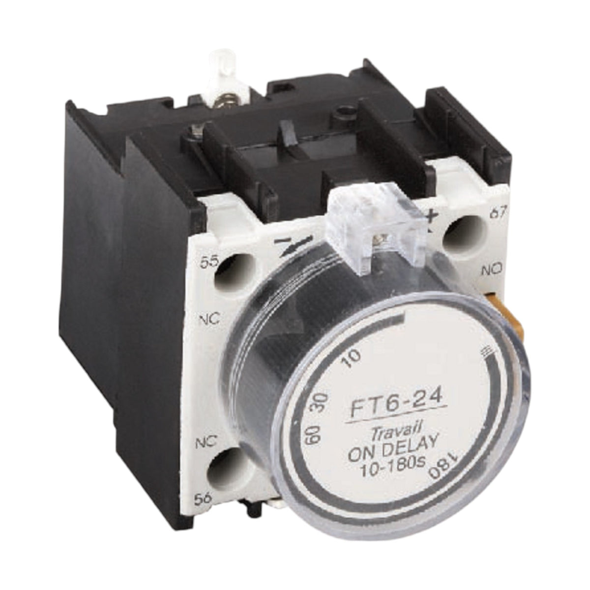 A black and white electrical contact relay with a rotary on-delay switch, labeled FT6-24, on a plain white background.