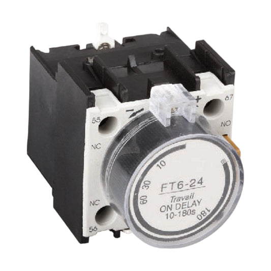 A black and white electrical contact relay with a rotary on-delay switch, labeled FT6-24, on a plain white background.