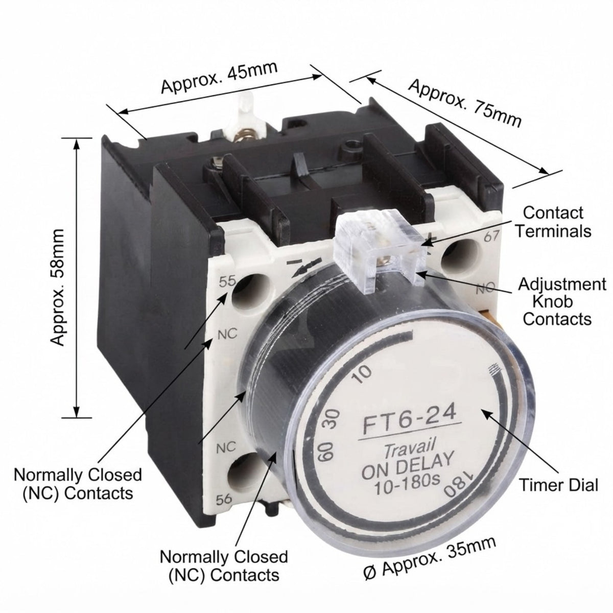 A black and white electrical timer relay with a clear protective cover over a black dial, annotated with dimensions and labels on a white background.