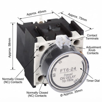 A black and white electrical timer relay with a clear protective cover over a black dial, annotated with dimensions and labels on a white background.