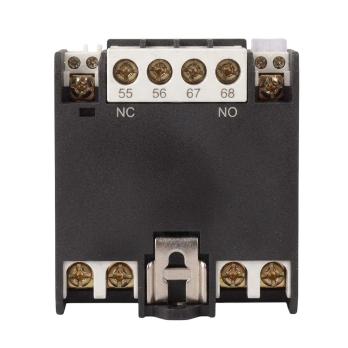 A black industrial relay contact module with terminal screws labeled 55, 56, 67, 68, NC, and NO, shown on a plain white background.