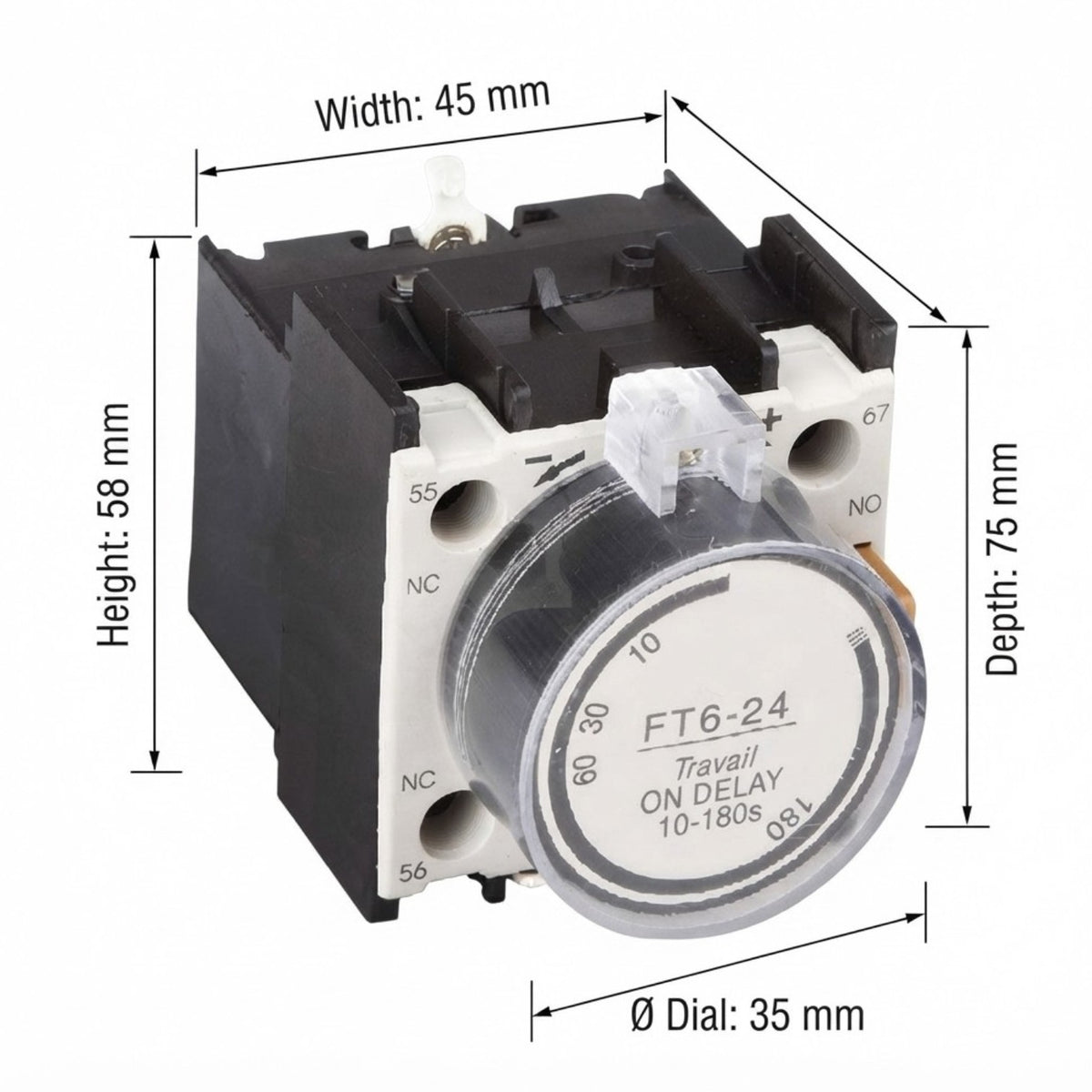 A small electrical timer relay with dimension annotations showing width 45 mm, height 58 mm, depth 75 mm, and dial diameter 35 mm on a white background.