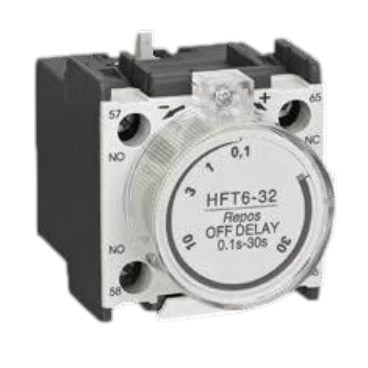A small electrical delay relay component with a black housing, white front dial, and printed markings including 'HFT6-32' and 'OFF DELAY 0.1s-30s'.
