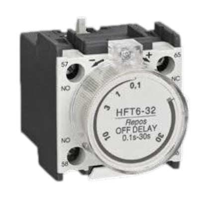 A small electrical delay relay component with a black housing, white front dial, and printed markings including 'HFT6-32' and 'OFF DELAY 0.1s-30s'.