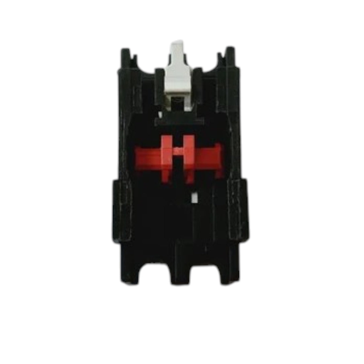 A black mechanical keyboard switch with a red H-shaped stem and a silver keycap, isolated on a white background.