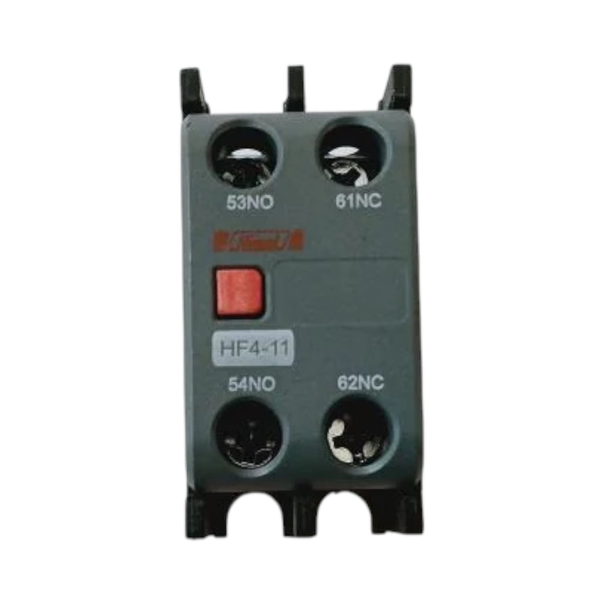 A dark gray electrical contactor relay component with four terminal holes, white printed terminal labels, and a small red button on the front face, shown against a plain white background.