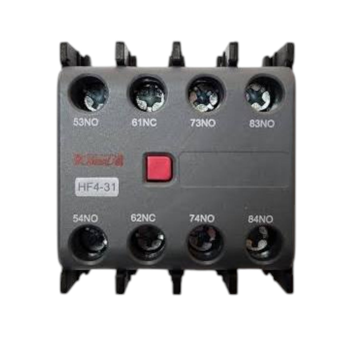 A black industrial contactor relay with terminal labels 53NO, 61NC, 73NO, 83NO, 54NO, 62NC, 74NO, 84NO, a red central button, and a small red logo on a white background.