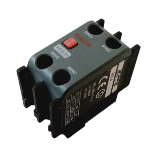 A black plastic electrical relay component with a small red button, labeled with terminal markings and a red brand logo, shown on a plain white background.