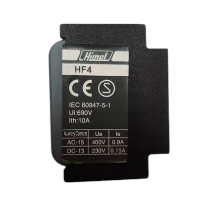 A black industrial contact relay component with a white and black label from the brand Himek, model HF4, on a plain white background.