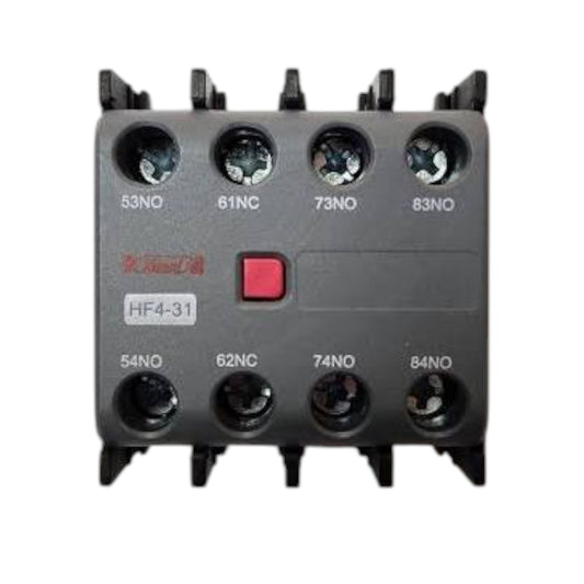 A black industrial contactor relay with terminal labels 53NO, 61NC, 73NO, 83NO, 54NO, 62NC, 74NO, 84NO, a red central button, and a small red logo on a white background.