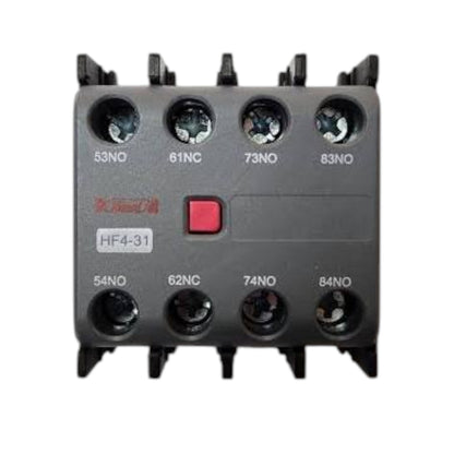 A black industrial contactor relay with terminal labels 53NO, 61NC, 73NO, 83NO, 54NO, 62NC, 74NO, 84NO, a red central button, and a small red logo on a white background.