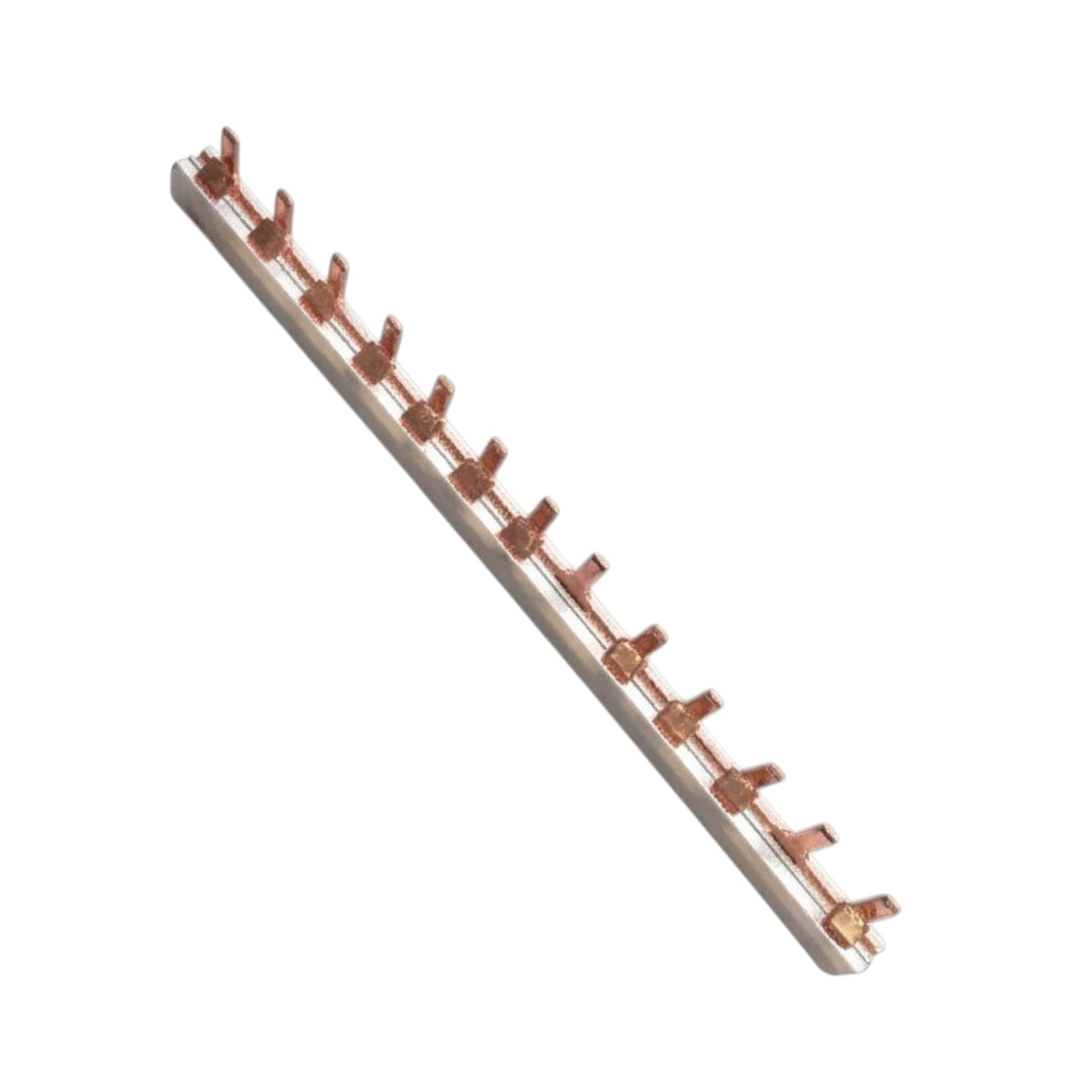 A copper heat exchanger coil or finned tube assembly mounted on a white rectangular base, shown diagonally on a plain white background.
