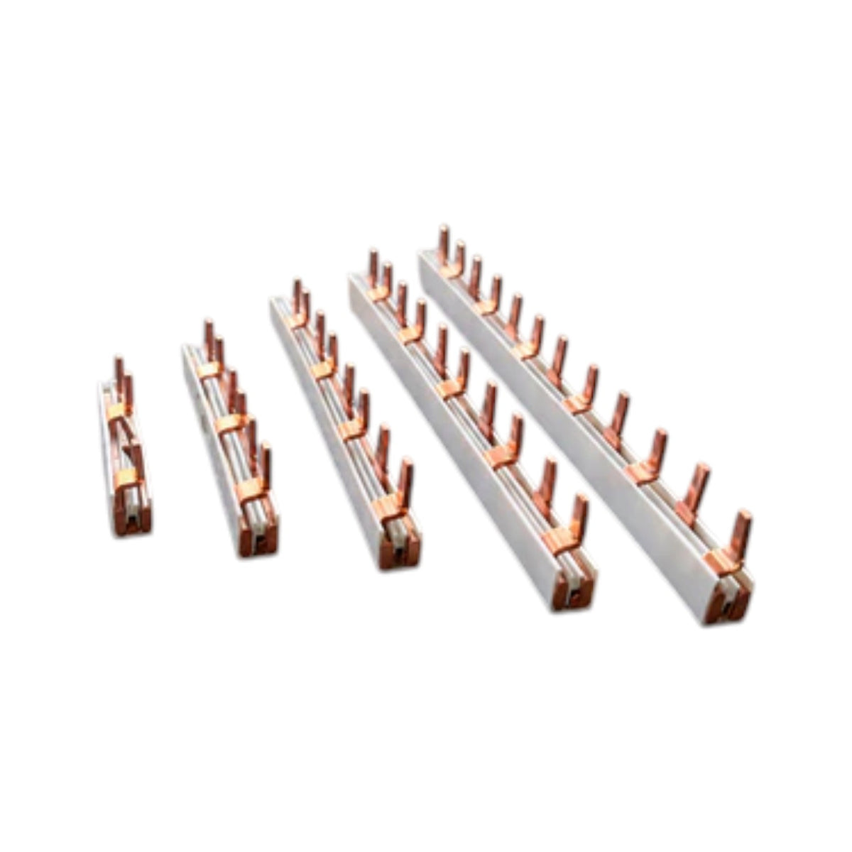 Four long rectangular metal strips with repeated copper-colored vertical prongs, arranged in ascending size order on a plain white background.