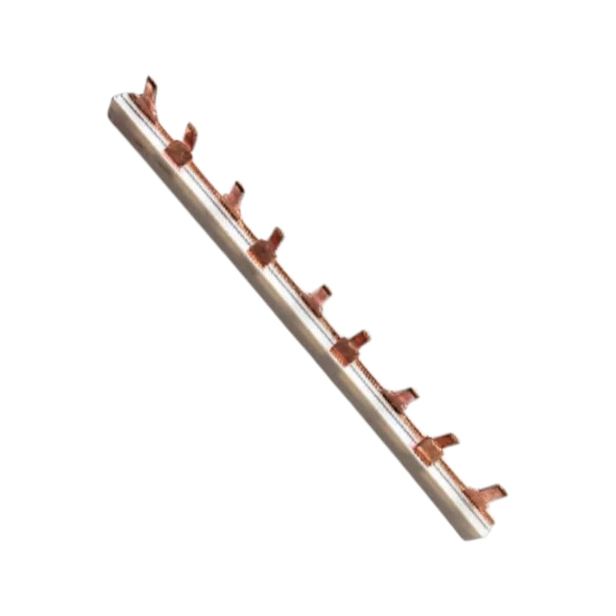 A copper-colored finned tube heat exchanger coil or radiator section with multiple vertical fins, shown diagonally on a plain white background.