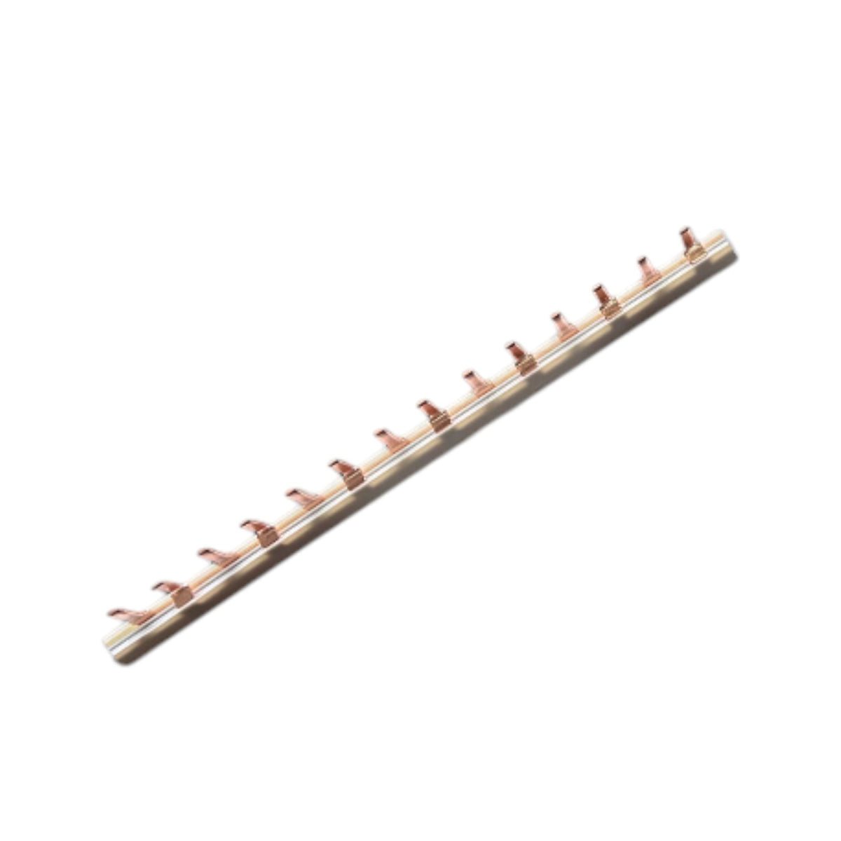 A copper heat exchanger coil or finned tube section shown diagonally on a plain white background.