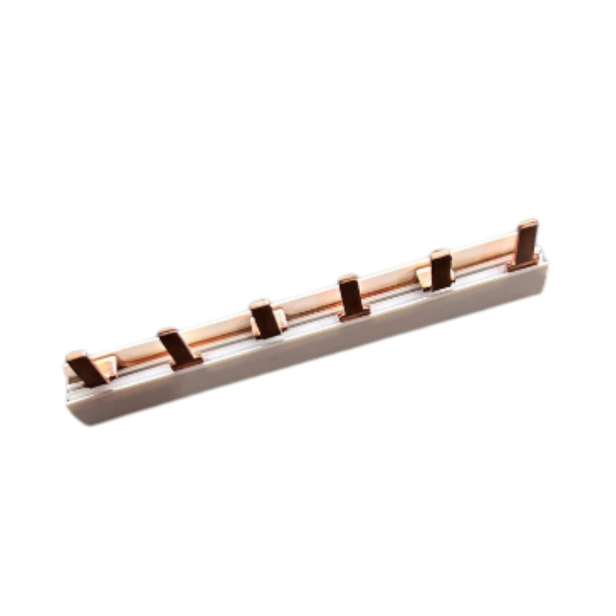 A copper-colored metal rack bar with five evenly spaced vertical slots, shown on a plain white background.