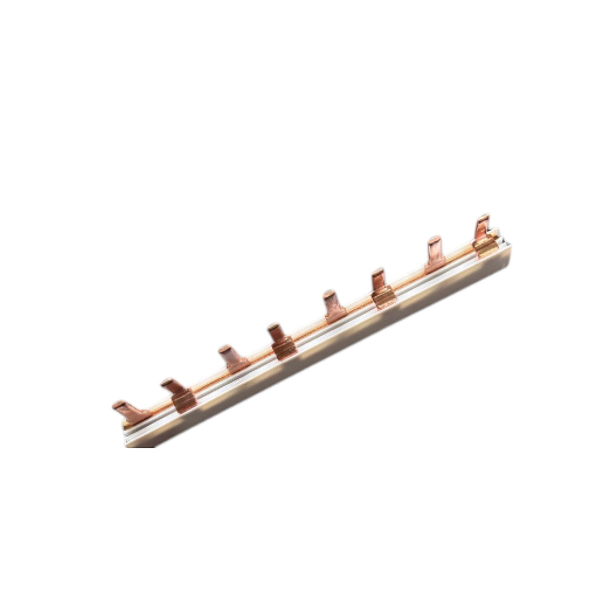 A copper-colored metal channel or trim piece with multiple small upright tabs along a long rectangular bar, shown on a plain white background.