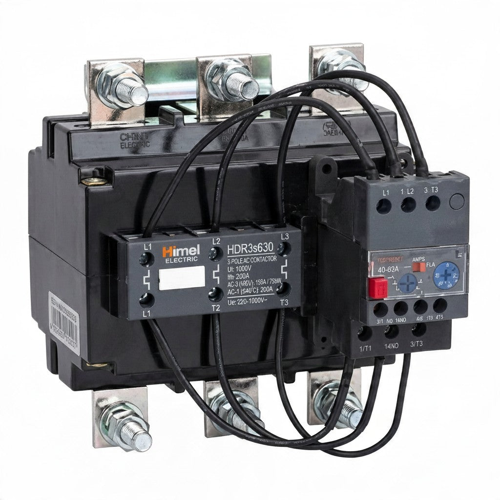Himel HDR3S630 thermal overload relay connected to a circuit breaker, featuring black plastic housings, silver metal terminal blocks, and black wiring on a white background.