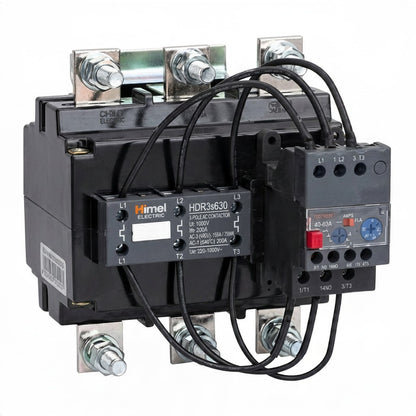 Himel HDR3S630 thermal overload relay connected to a circuit breaker, featuring black plastic housings, silver metal terminal blocks, and black wiring on a white background.