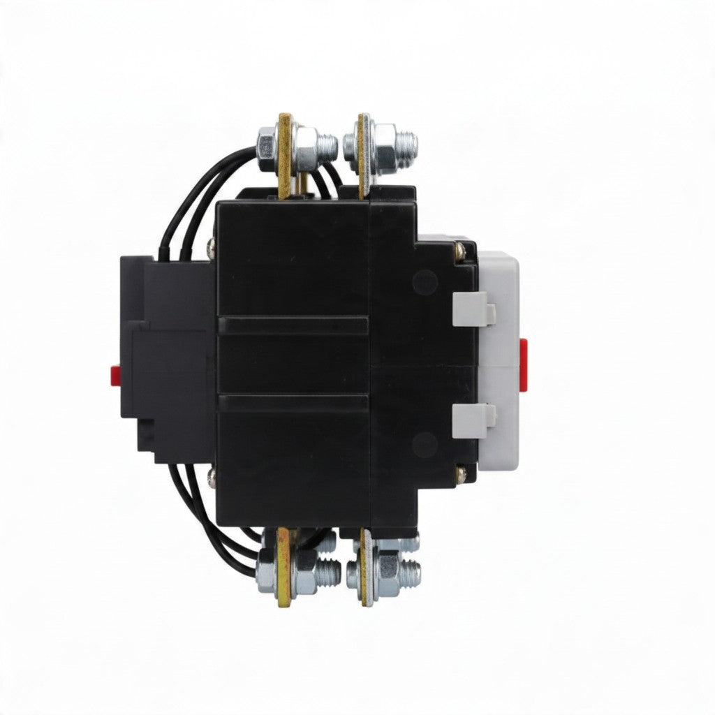 A black electrical contactor or relay component with silver metal terminals, black wires, brass-colored screw connectors, and a white plastic side cover, shown on a plain white background.