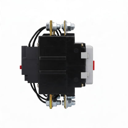 A black electrical contactor or relay component with silver metal terminals, black wires, brass-colored screw connectors, and a white plastic side cover, shown on a plain white background.