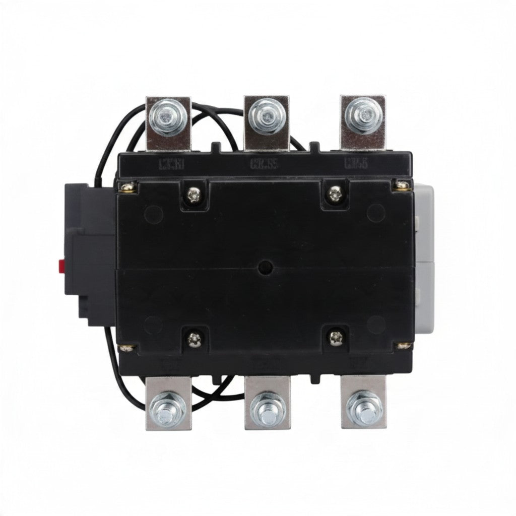 A black electrical contactor or relay component with six silver screw terminals, black wires, and a small red terminal on the side, shown against a plain white background.