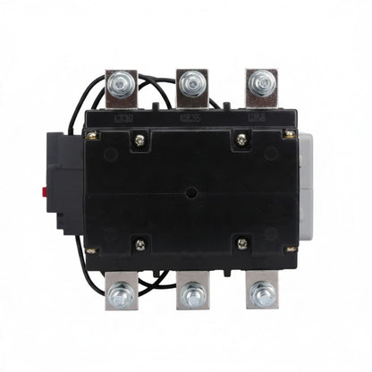 A black electrical contactor or relay component with six silver screw terminals, black wires, and a small red terminal on the side, shown against a plain white background.