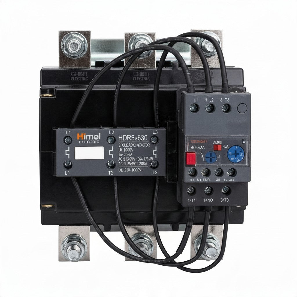 Himel Electric HDR36L30 contactor and thermal overload relay assembly on a white background.