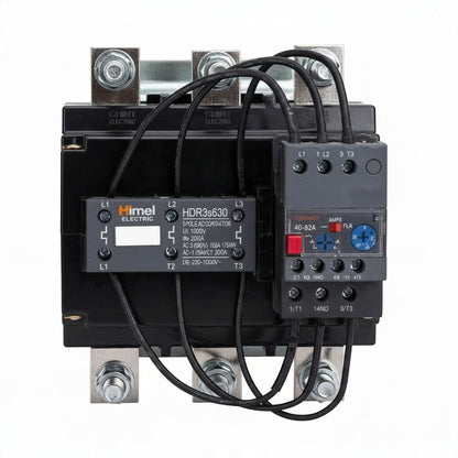 Himel Electric HDR36L30 contactor and thermal overload relay assembly on a white background.