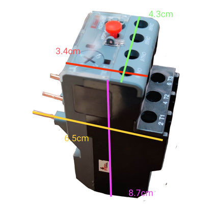 Industrial electrical contactor with overlaid dimension lines and measurements in centimeters on a plain white background.