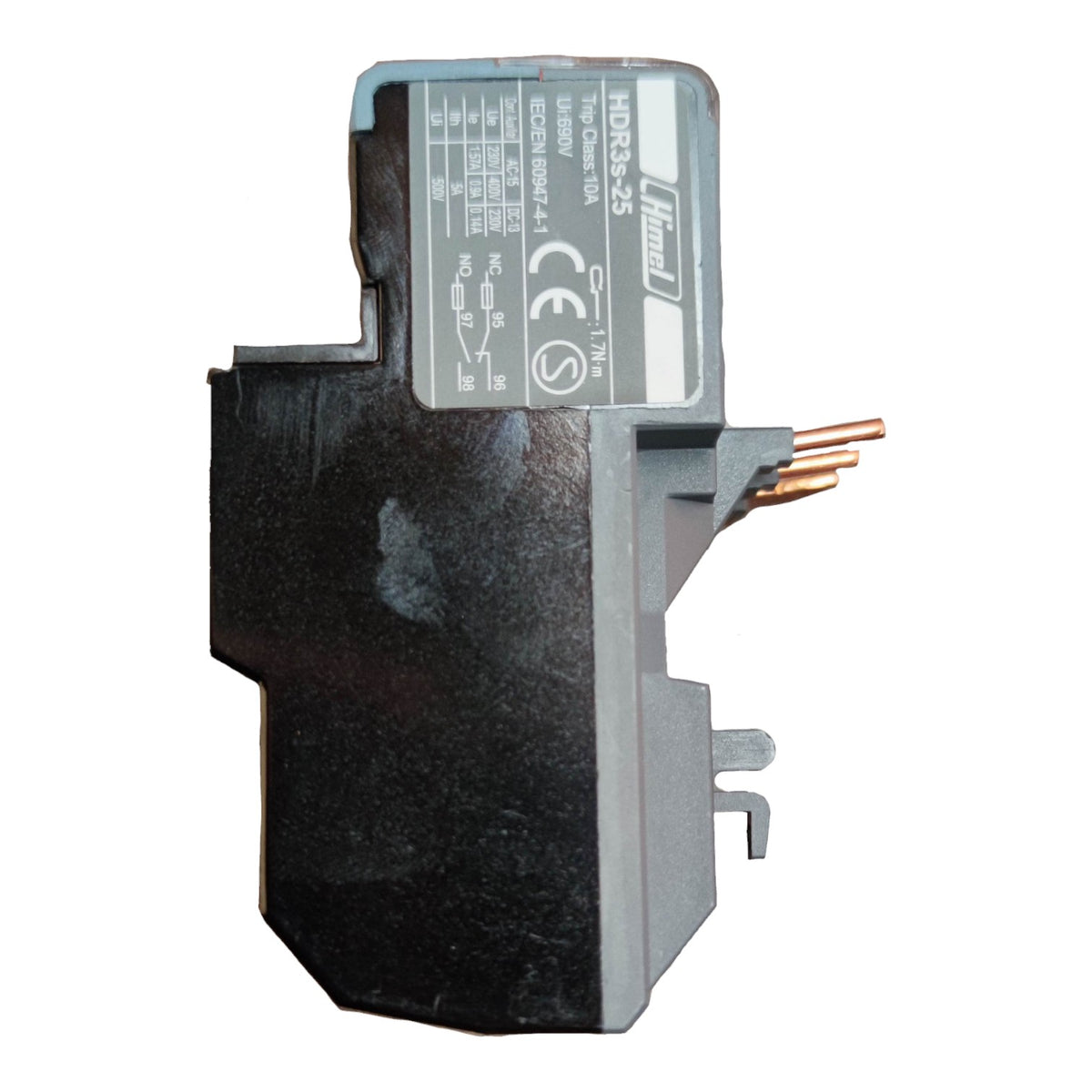 A black and gray electrical contactor or relay component with copper-colored terminal pins, shown on a plain white background.