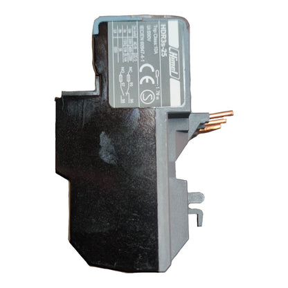A black and gray electrical contactor or relay component with copper-colored terminal pins, shown on a plain white background.