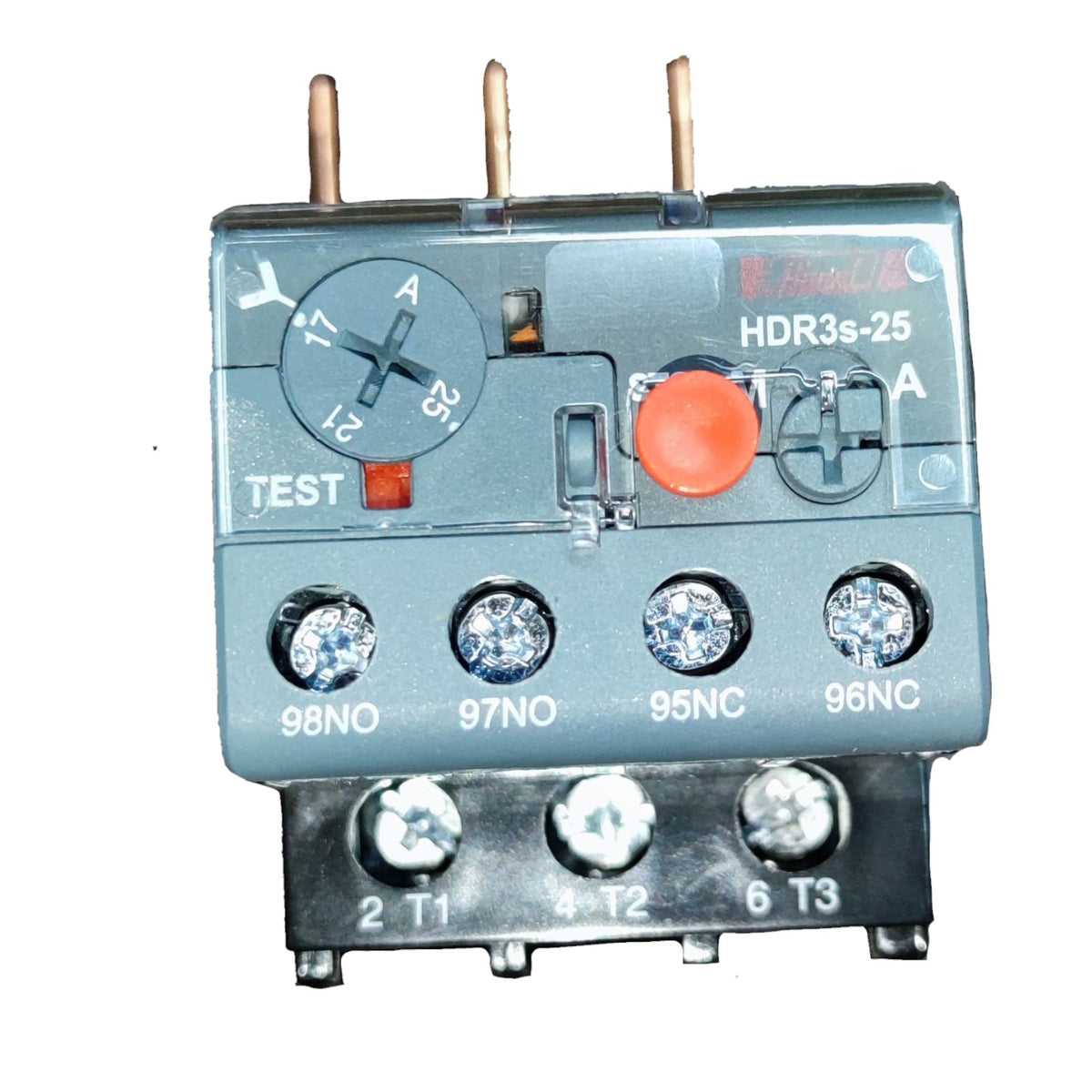 A compact industrial thermal overload relay, model HDR3s-25, featuring a gray metal body, copper-colored terminal posts, a red test button, and a red brand logo, shown on a plain white background.