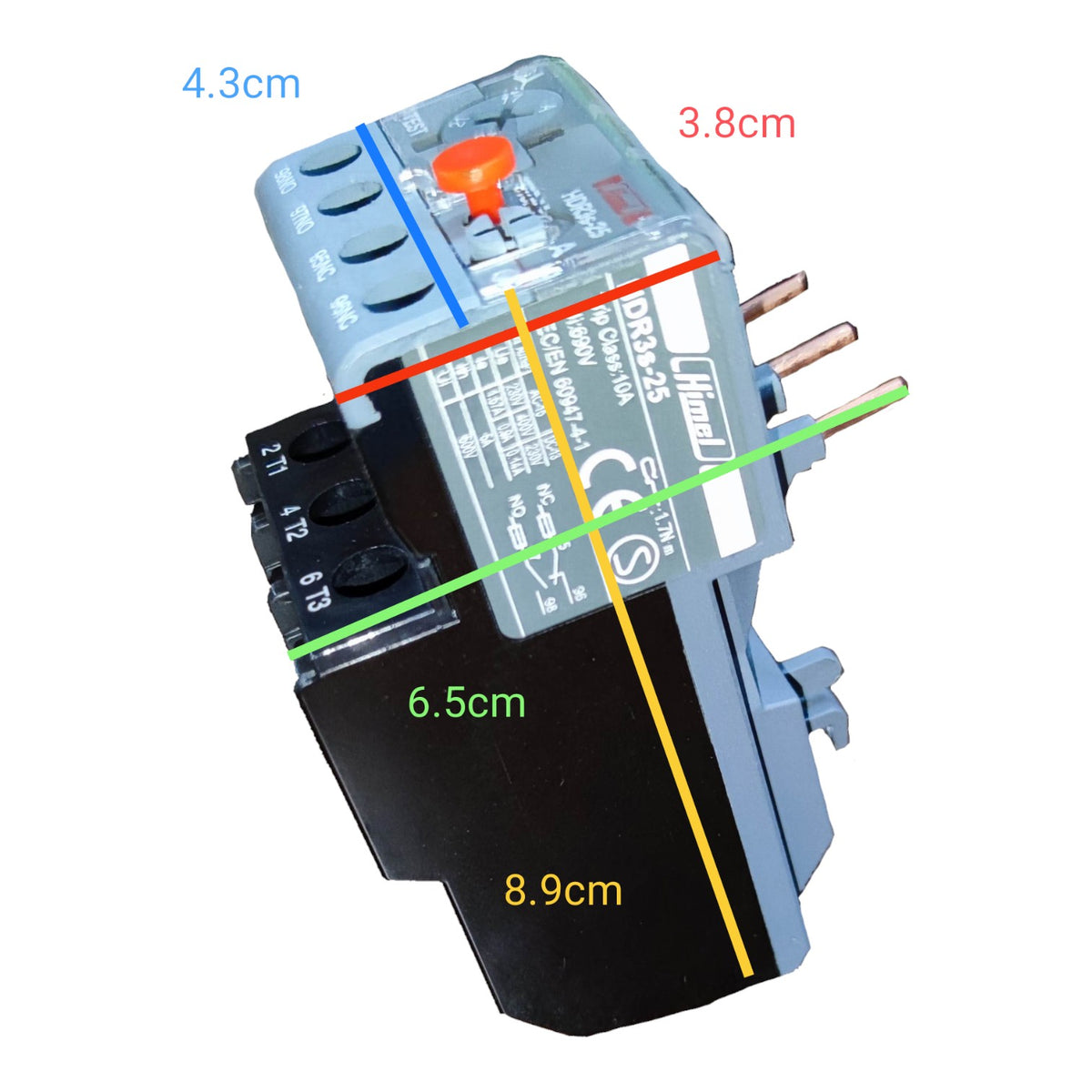 Relay component on a white background with colored measurement lines and dimensions labeled 4.3cm, 3.8cm, 6.5cm, and 8.9cm.
