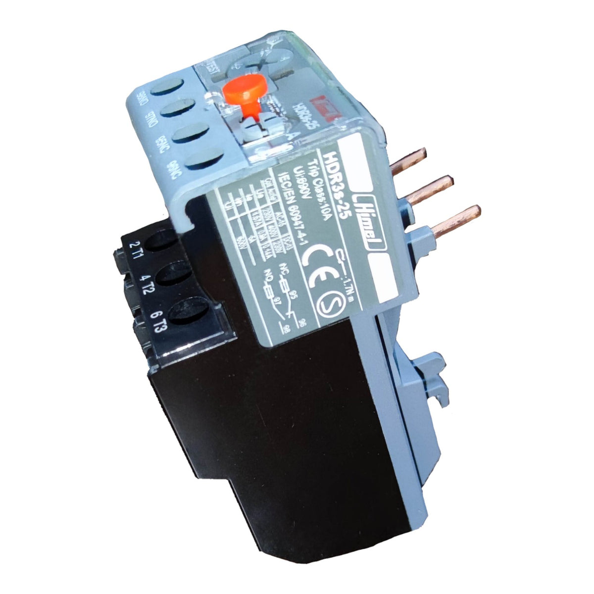 A Schneider Electric HDR323-45 thermal overload relay with a black main body, gray plastic housing, and an orange adjustment knob, shown on a white background.