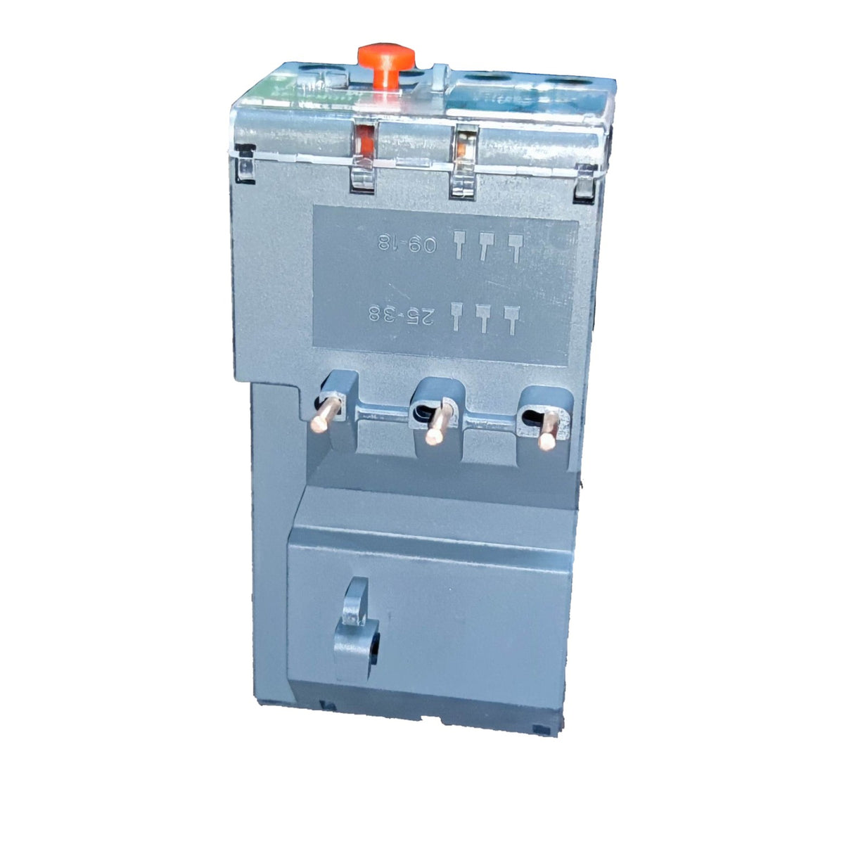 A gray industrial electrical component or switch module with a top red emergency stop button, three front terminal connectors, and a lower latch, isolated on a white background.