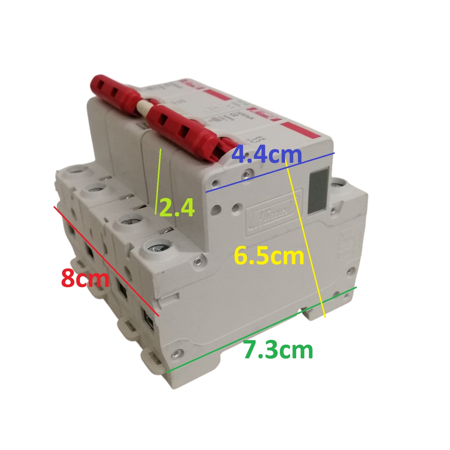 Himel manual transfer switch 32A white 3 pole circuit breaker with red handle and labeled size markings