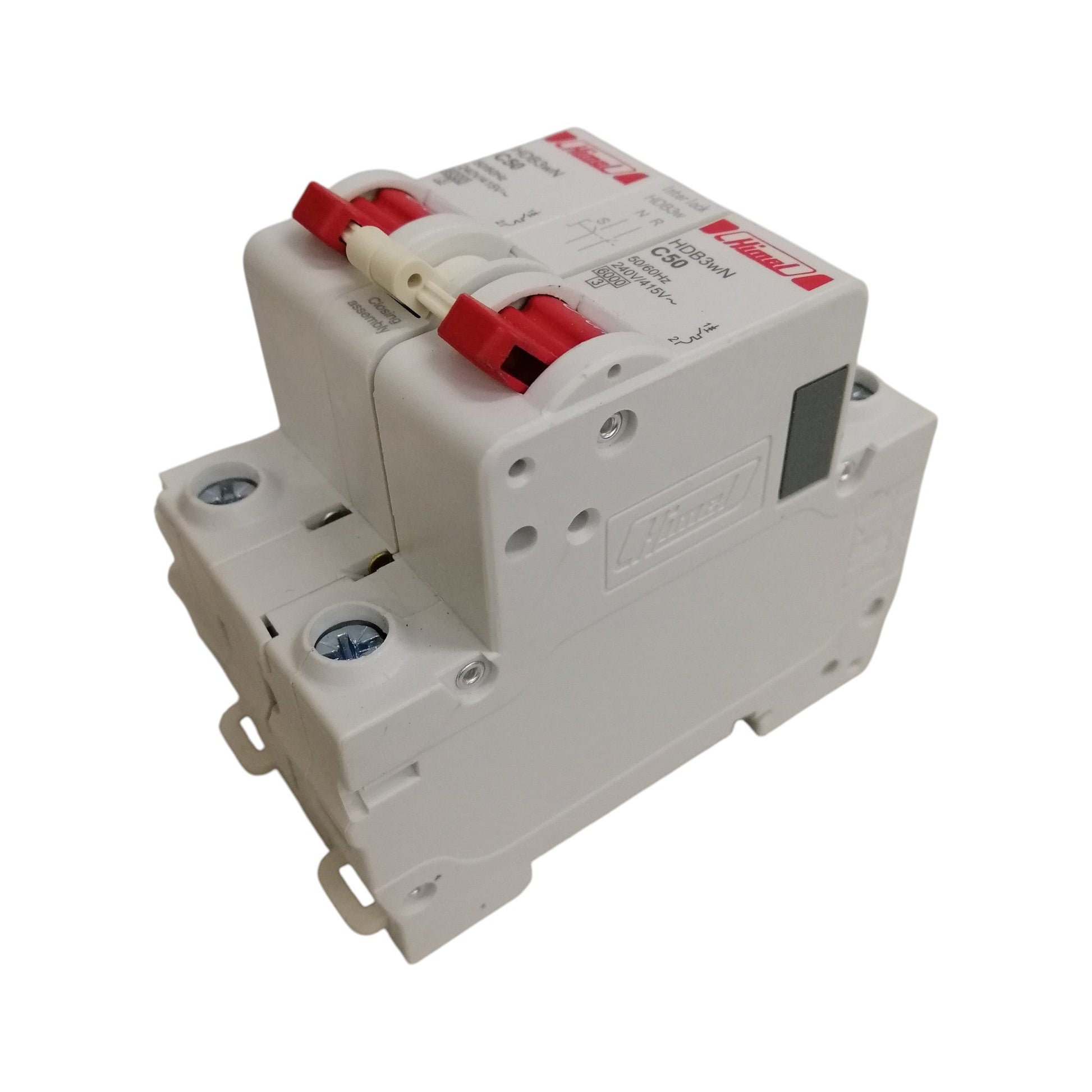 Electrical circuit breaker with red handles on a white background