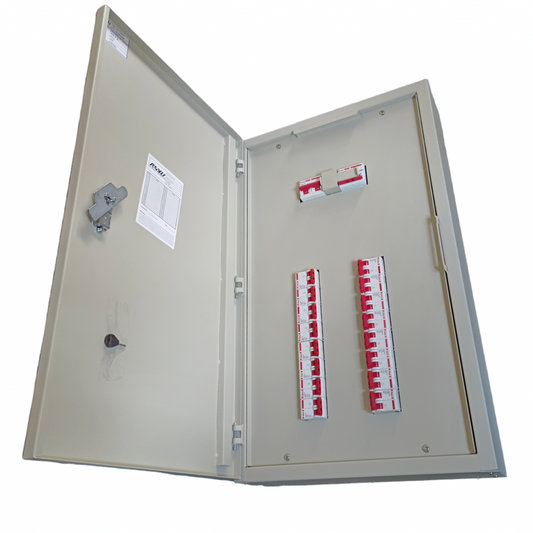 Himel 16 branch circuit breaker panel with multiple circuit breakers inside a metal enclosure