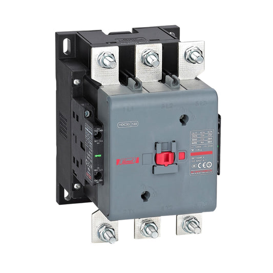 A heavy-duty electrical contactor with a gray main body, black mounting bracket, and silver metal terminal screws, shown on a plain white background.