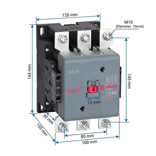 A Schneider Electric contactor with dimension annotations showing measurements of 165 mm, 120 mm, 145 mm, 100 mm, 85 mm, 30 mm, and 12 mm on a white background.