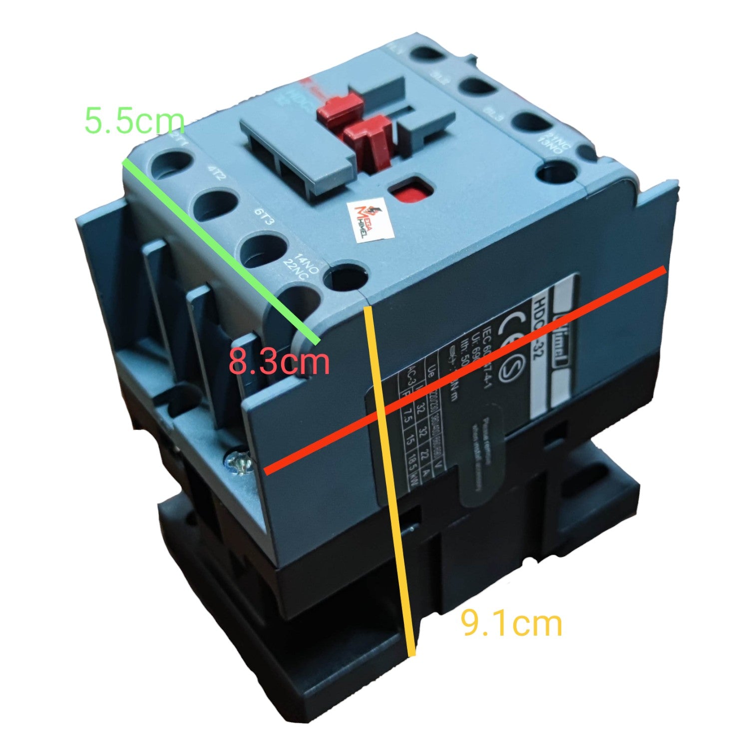 Electrical contactor with dimensions labeled on a white background