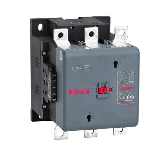 A Schneider Electric HHC30D 630A electrical contactor shown on a clean white background. The main body is gray, with black side panels, silver metal terminal blocks, and a red switch handle.